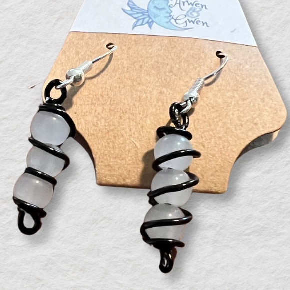 Black Wire Earrings Spiral Pattern Around Opaque White Glass Beads - Picture 1 of 2